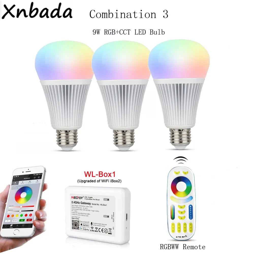 Milight Светодиодная лампа E27 9 Вт RGB+ CCT, 2,4G RGBWW пульт дистанционного управления, беспроводной WL-Box1Work с Amazon Alexa Google assistant