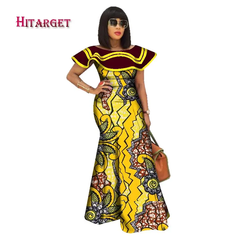 Базен Riche Африканский принт платья для женщин Сращивание рюшами шеи длинные макси платья Дашики размера плюс африканская женская одежда WY2550 - Цвет: 2
