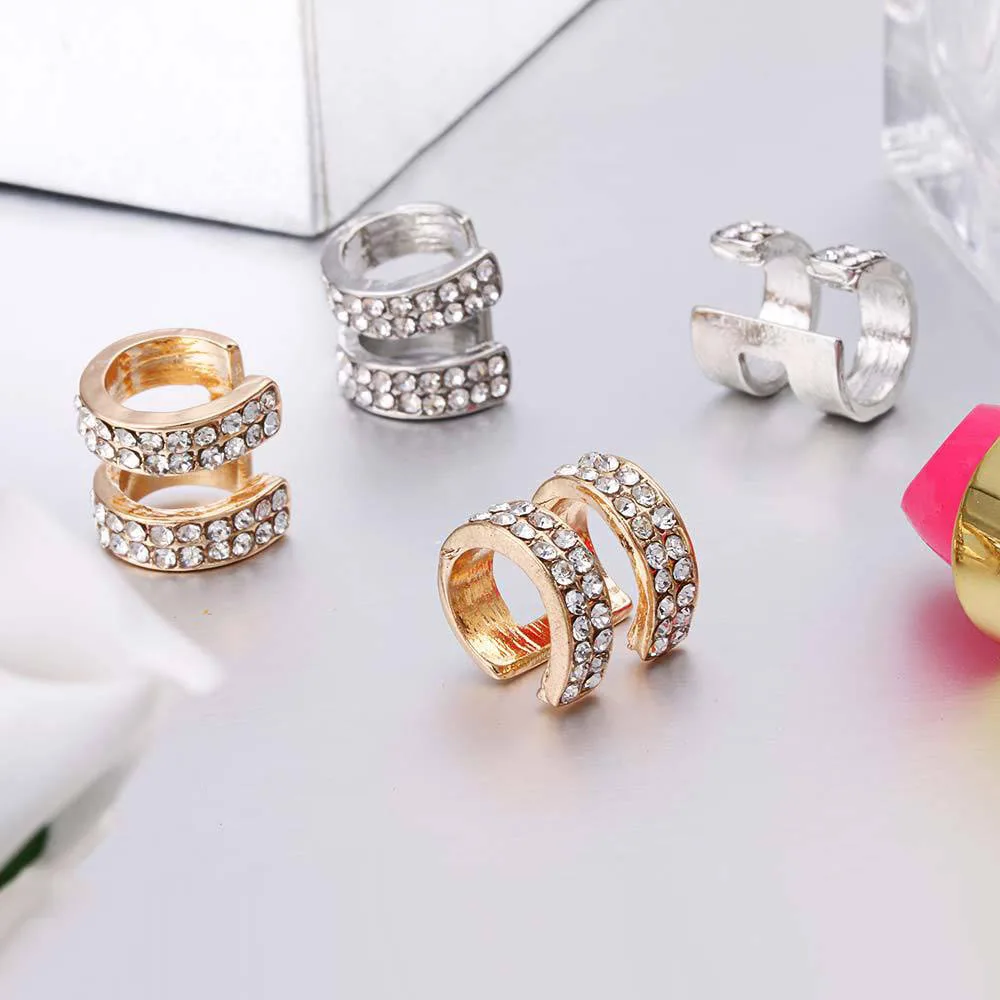 Trendy Crystal Earrings for Women Small Round Ear Cuff Gold and Silver Plated 2 Rows Rhinestone Clip Earrings Without Piercing