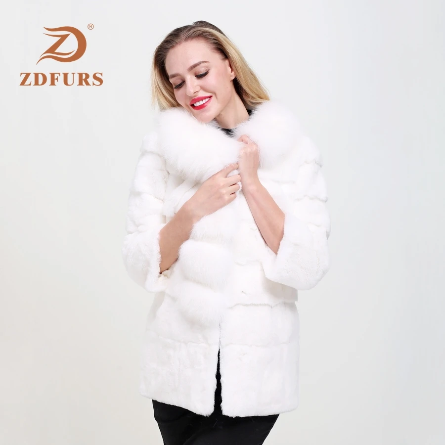 ZDFURS* шуба из кролика рекс из цельной кожи женская зимняя Новинка большой Лисий меховой воротник длинный абзац девять точек рукав пальто Меховая куртка