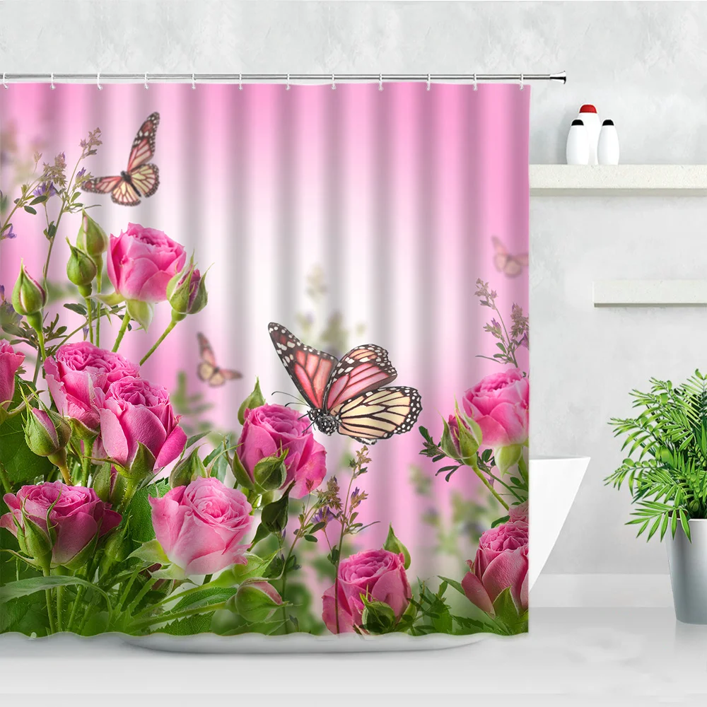 Rideaux de douche,Rideau de douche en tissu 3D imperméable, fleurs