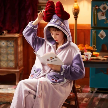 

Caiyier pajamas women autumn and winter warm pajamas thick coral fleece autumn and winter twopiece suit long nightgown sleepwear