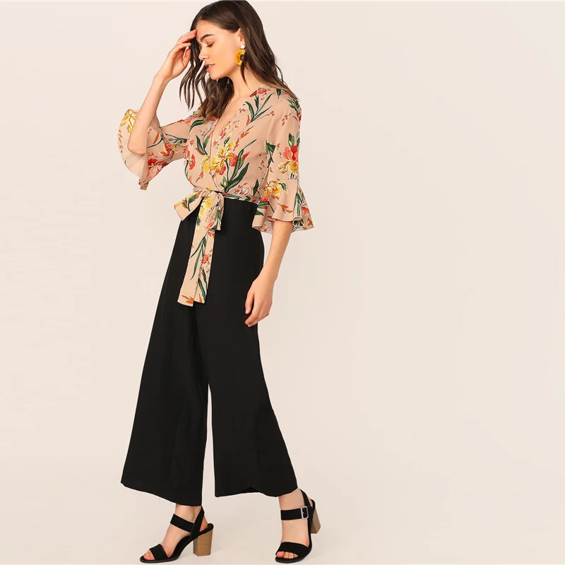 SHEIN Леди Элегантный цветочный принт обёрточная бумага лиф широкие брюки комбинезон весна Глубокий V шеи узел подол Волан рукава Спецодежда Комбинезоны