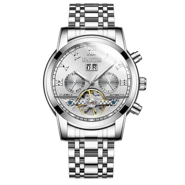 HAIQIN механические модные Tourbillon мужские часы из нержавеющей стали с дисплеем недели полностью водонепроницаемые часы с календарем Мужские часы - Цвет: All-silver