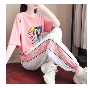 

Suit Fashionable Female Summer Casual Sportswear Suit Pants 2 pieces Short Sleeve Jogging Women Clothes Two Piece Set