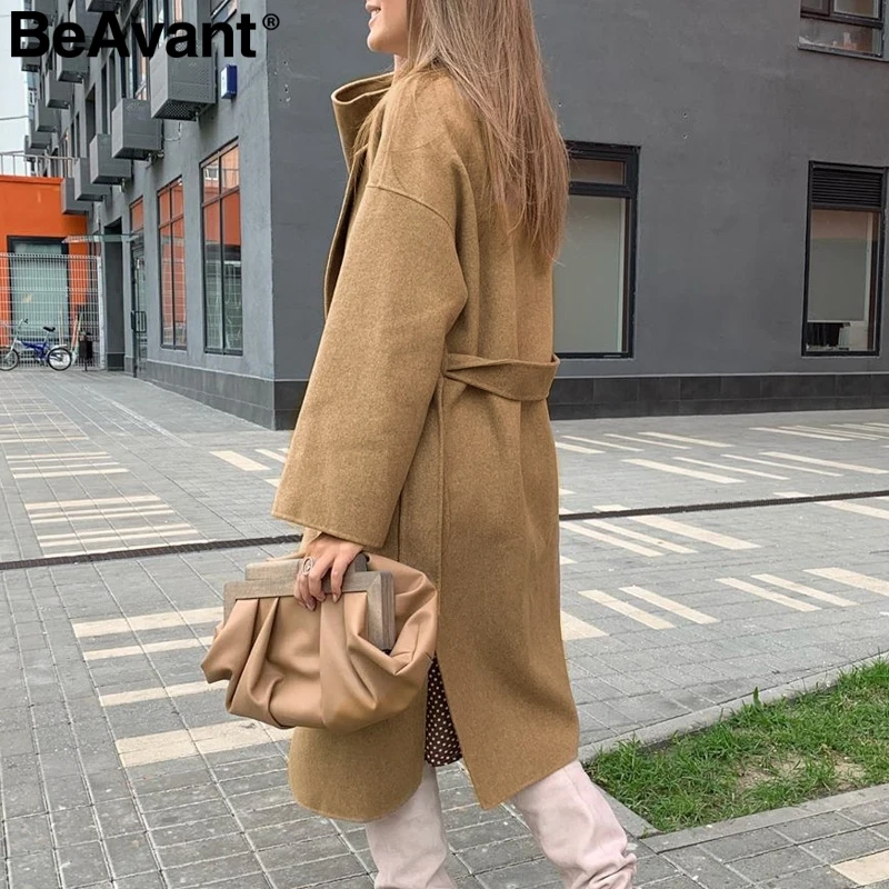 BeAvant Элегантное длинное пальто цвета хаки, Женское пальто с длинным рукавом, женская верхняя одежда, твидовые пальто с поясом и карманами, осенне-зимнее женское пальто