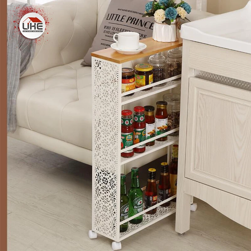 

UKE Kitchen Storage Rack Floor Type Fridge Side Shelf 3 Layer Movable Bathroom Organizer Shelf Spice Holder With Wheel