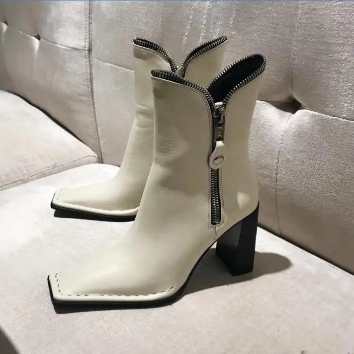 As pic Подиумные сапоги; женская зимняя обувь на высоком каблуке; Botas Mujer; кожаные ботильоны; Bota Feminina; женская обувь с квадратным носком; Zapatos De Mujer - Цвет: As pic