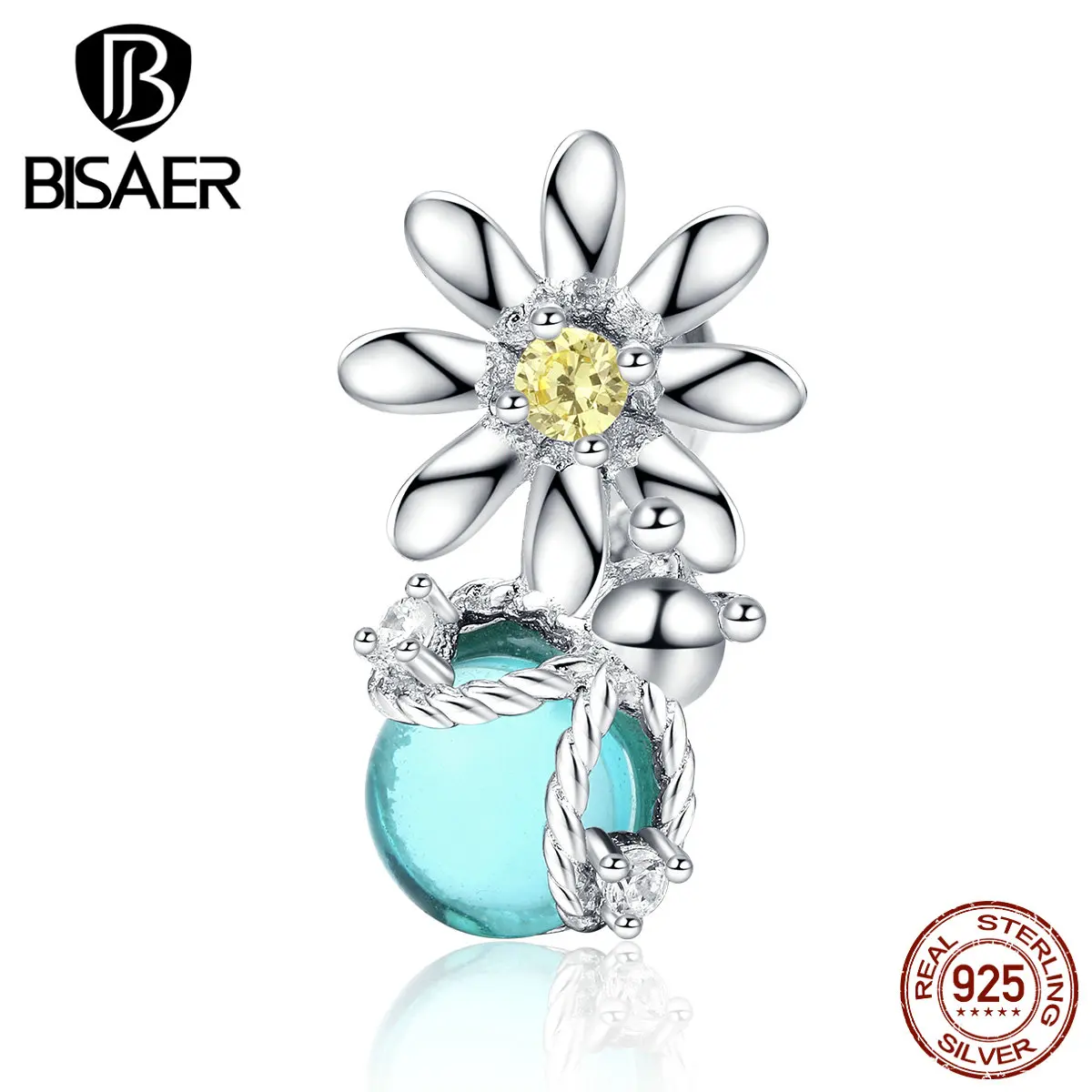 Горячая BISAER 925 пробы серебряные светлячки и маргаритки амулеты светильник Кристалл Голубой циркон бусины подходят браслеты 925 ювелирные изделия ECC1369