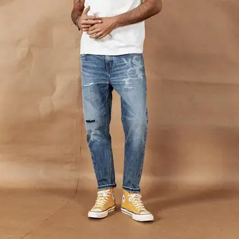 

SIMWOOD 2020 Spring summer new ripped jeans men laser printing ankle-length jeans loose tapered hole denim trousers 190392