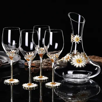 

5-piece Enamel Wine Glass Set Small White Daisies Metal Base Wedding Gift Fashionable High-end European-style Household Wineware