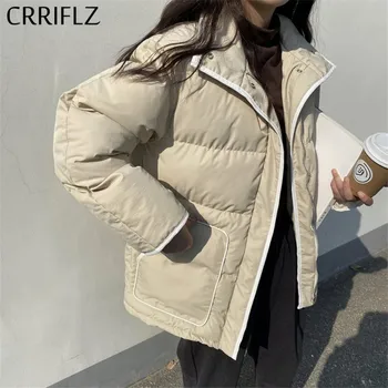 

CRRIFLZ Down Jacket Short Retro Pinstripe Design Coats Winter Jacket New Women Loose Stand Collar Warm Thicken Casual Down Parka