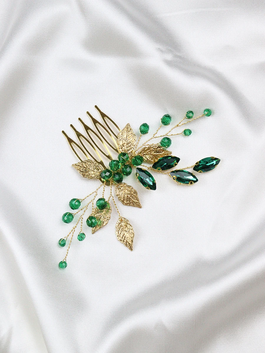 Vintage Golden Bridal Hair Comb Green Rhinestone Handmade Hair Jewelry Women Hairpieces Crystal Wedding Accessories Clips