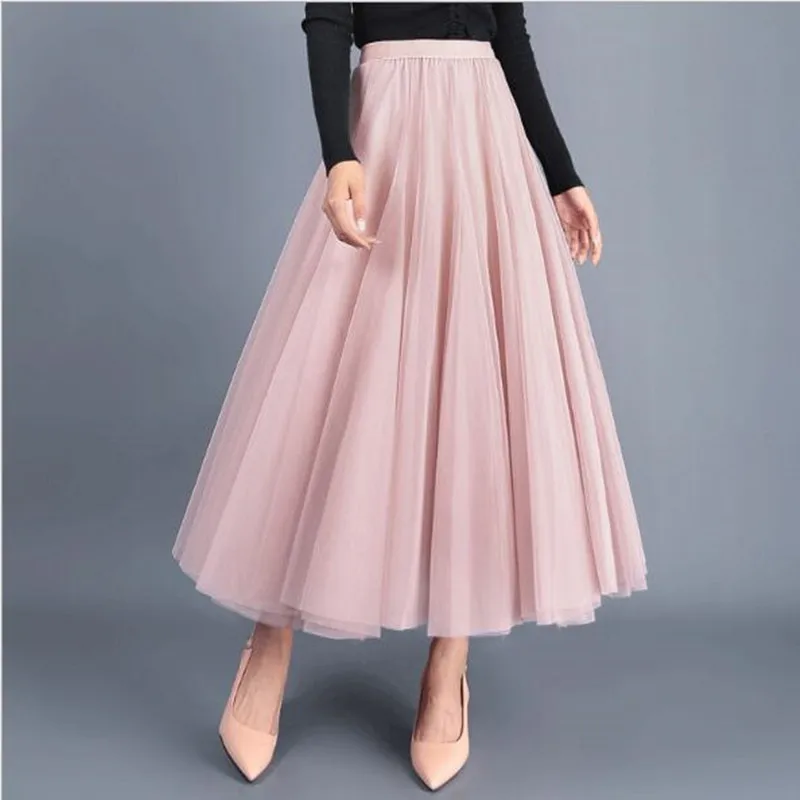 Herfst Tule Rok Grijs Bruin Beige Roze Zwarte Lange Rokken Womens Elegante Maxi Rok QV616 Herfst Tule Rok Grijs Bruin Beige Roze Zwarte Lange Rokken Womens Elegante Maxi Rok QV616