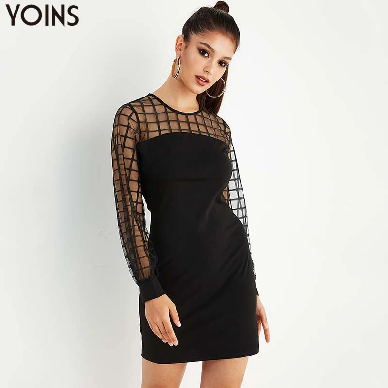 YOINS 2020 осенне-зимнее женское платье стильное полупрозрачное черное Сетчатое с