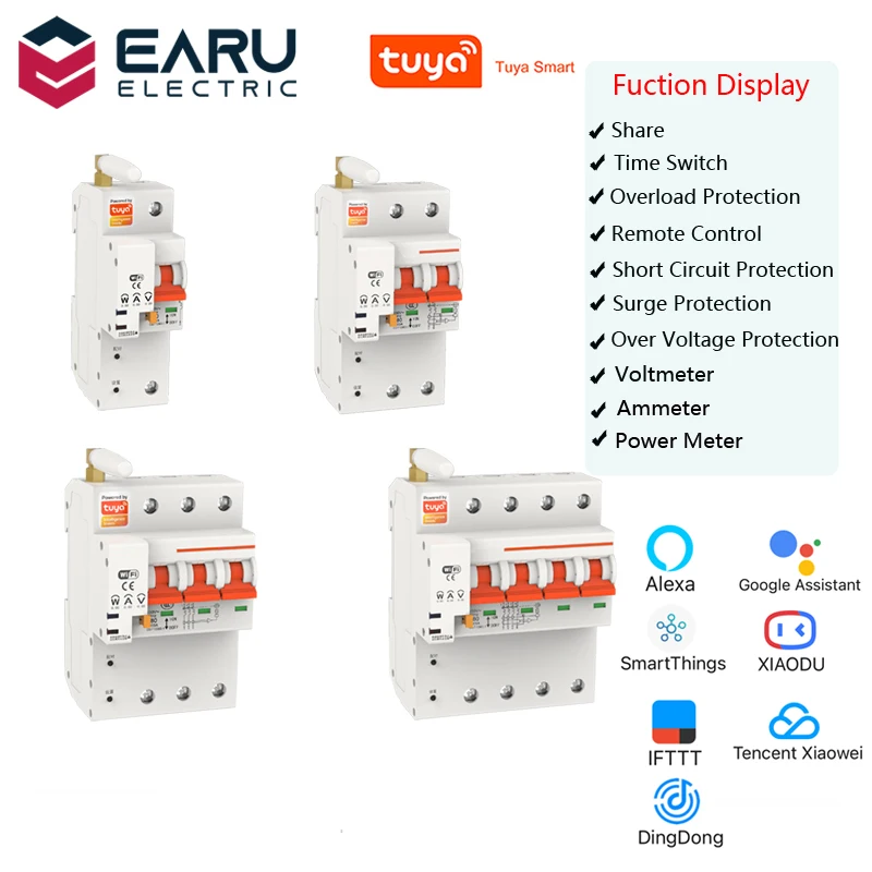 

TUYA 1-4P 10-100A 220V Smart WIFI Circuit Breaker Switch Power Energy Consumption kWh Meter Voltmeter Ammeter Voltage Monitor