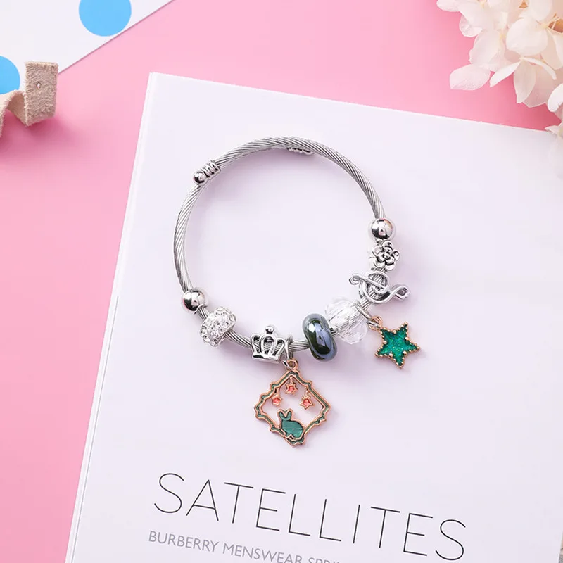 

Japanese Korean Rabbit Square Star Adjustable Crystal Stainless Steel Rabbit Square Star Bangles Girl Women Fashion Accessories