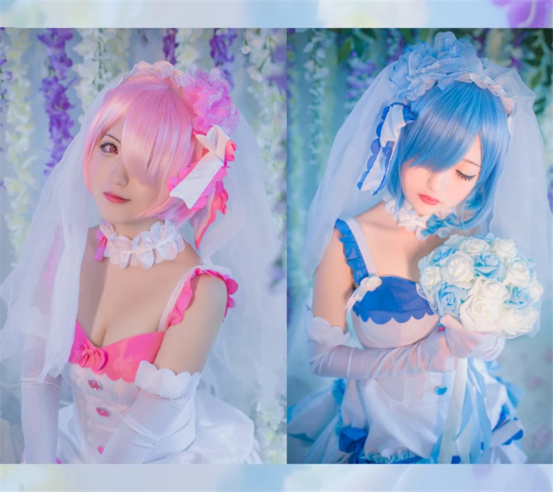 

Anime Re:Life in a different world from zero Ram Rem Wedding Dress Cosplay Costume Lolita Party Suit H