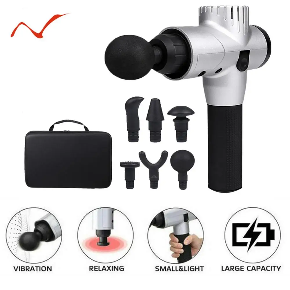 

2019 Massage Gun Deep Relaxation Therapy Body Massage Vibration Relaxing Relief Pains Fascia Massage With 6 Heads