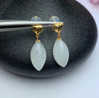 

SHILOVEM 18k yellow gold Natural White Jasper earrings classic fine Jewelry women wedding new wholesale 8*16mm myme0816999hby