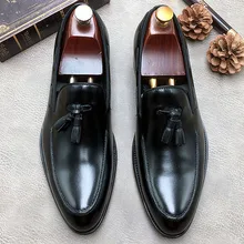 British Style Pointed Toe Formal Shoes Men Dress Shoes Fashion Tassel Wedding Shoes Men Slip On Genuine Leather Shoes