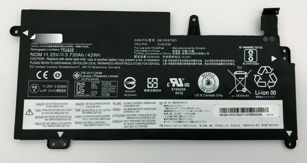 

New 01AV435 01AV436 01AV437 SB10K97593 SB10K97594 Battery For Lenovo ThinkPad S2 13