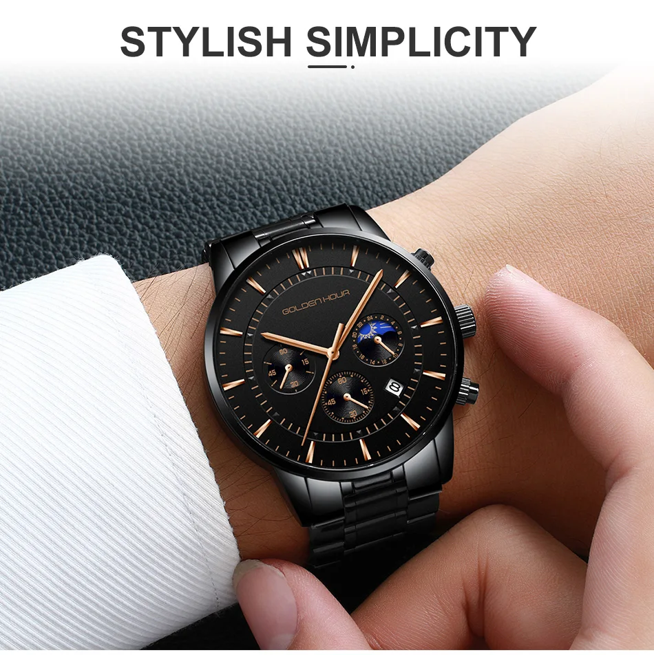 GOLDENHOUR роскошные брендовые мужские часы полностью стальные деловые наручные часы водонепроницаемые кварцевые мужские часы Relogio Masculino