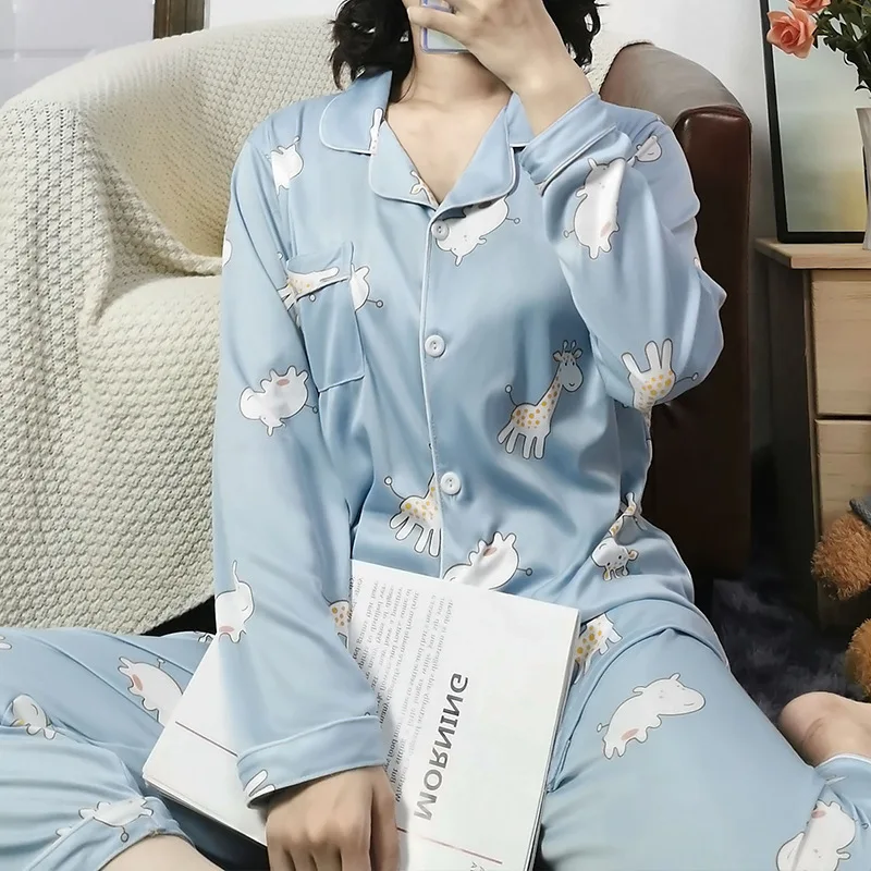 

2020 Pajamas Set Female Spring Autumn New Women Cute Blue Giraffe Cardigan Long Sleeve Trousers Set Fold-down Collar Nightgown