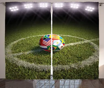 

Sports Window Curtains Soccer Ball on Soccer Field Printed Flags of The Participating Countries Living Room Bedroom Decor