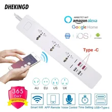 Universal Wifi Smart Power Strip 3 Outlets Socket 2 USB 2 Type-c 3.0A Quick Charge Voice Control for Alexa Google Assistant