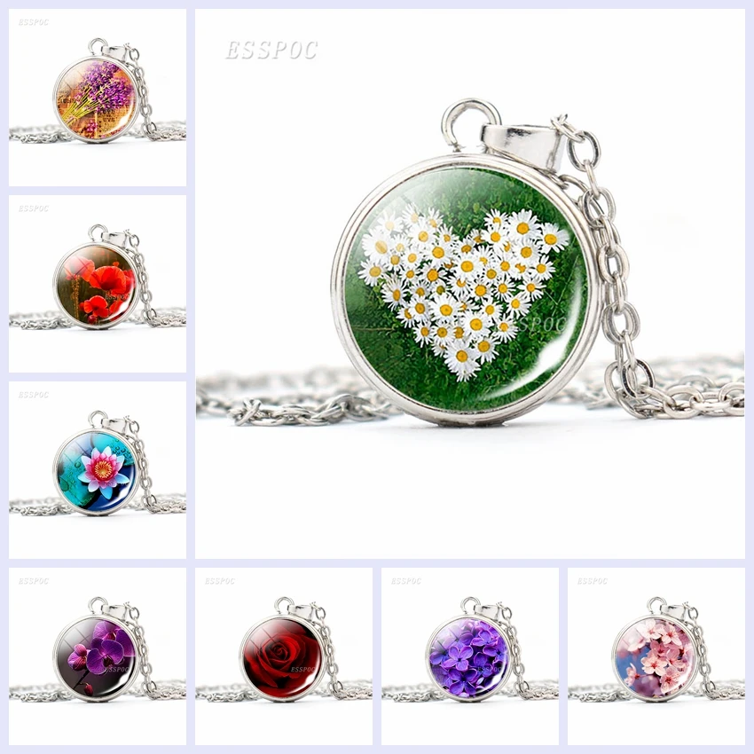 Beautiful Rose Sakura Button Necklace Simple Style Daisy Glass Cabochon Jewelry Fashion Pendant Charm Women Handcrafted Gift | Украшения и