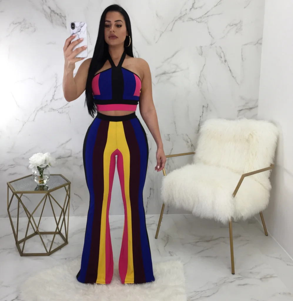 

2019 Hot Selling Europe And America Sexy Halter Rainbow Wrap-around off-Shoulder Loose Pants Two Pieces Set