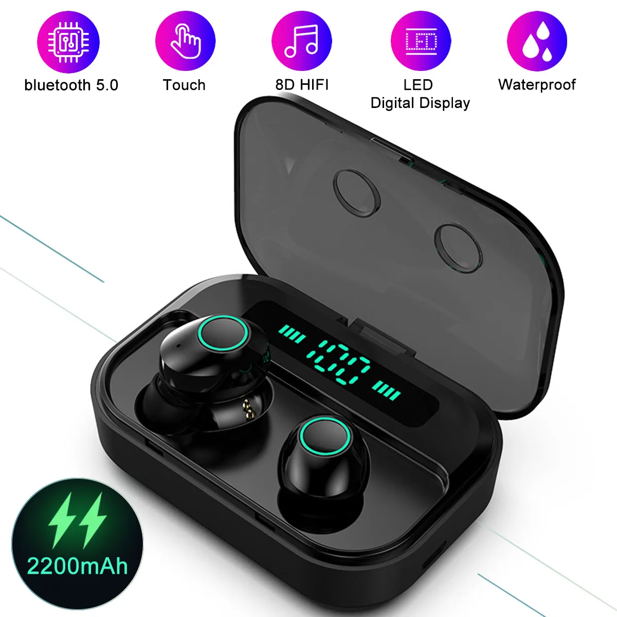 TWS bluetooth 5,0 наушники светодиодный дисплей истинные беспроводные 8D стерео 2200 мАч водонепроницаемые спортивные наушники гарнитура с микрофоном для телефона