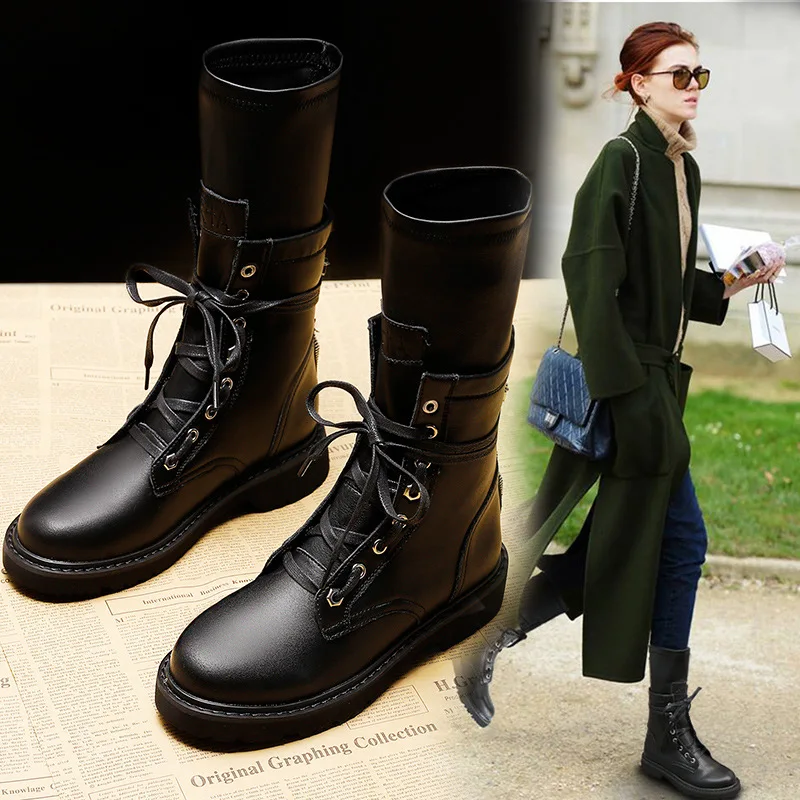 

Yang Mi Celebrity Style Shoe Martin Boots Women's 2019 New Style British Style Versatile Flat Middle Boots Handsome Motorcycle B