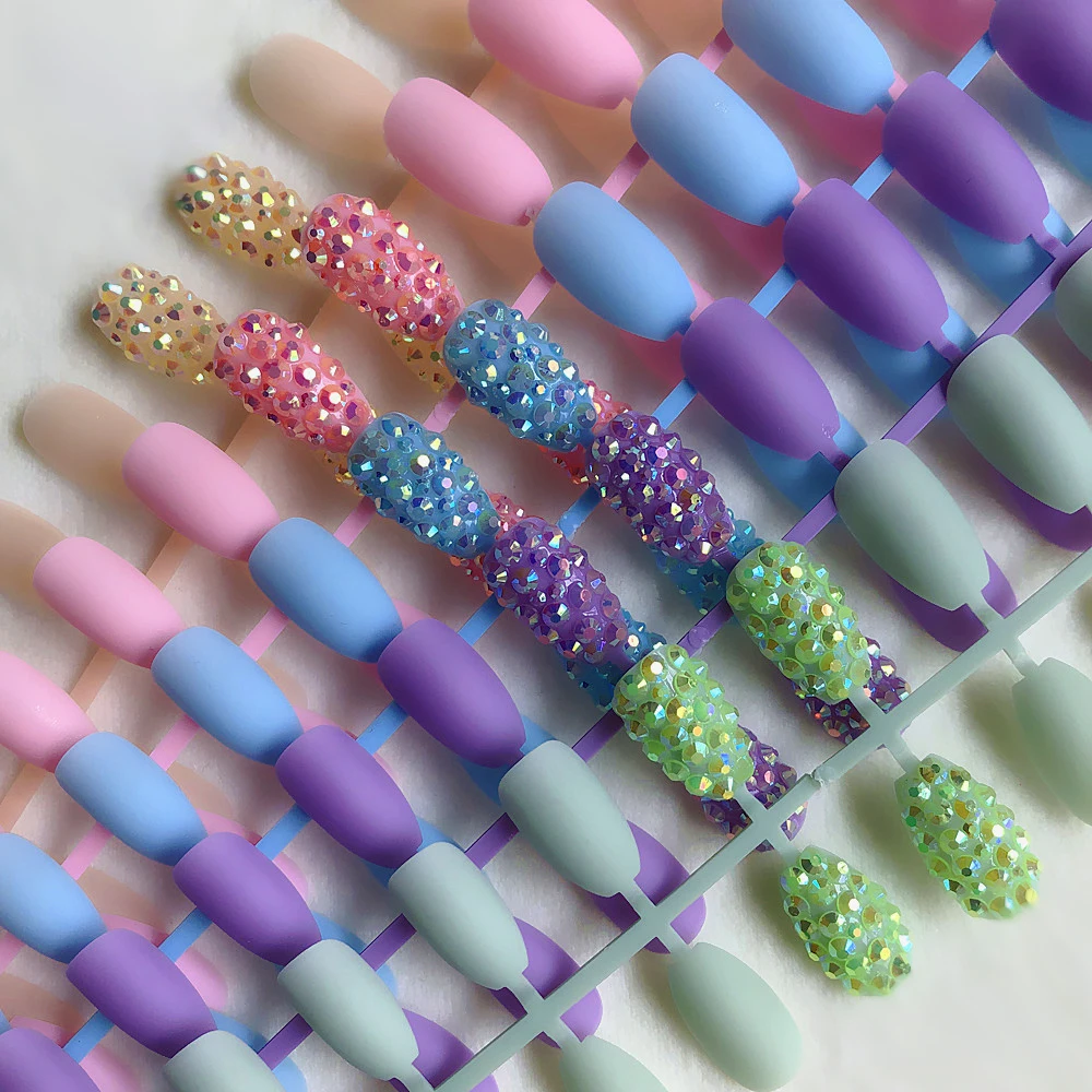 

Luxury Fake Nails Designer Matte False nail French Jewelry Pre-designed Nails Natural Stiletto AB Stones Decoration Tips