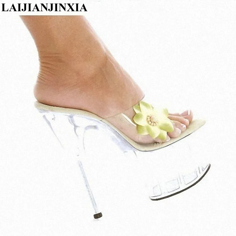 LAIJIANJINXIA Transparent Ladies Design Novelty Crystal Shoes Super High Heels 15cm Slides Women Date Nightclub Dance Slippers