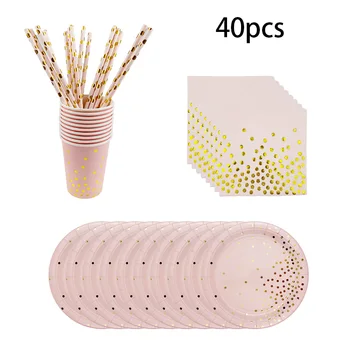 

10 people meal 40pcs high quality bronzing tableware set rose gold happybirthday golden paper plate straw disposable baby shower