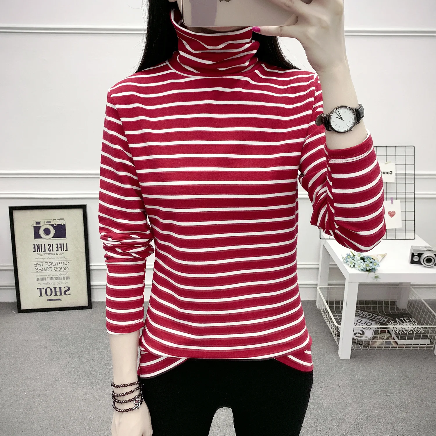 

New style of women's wear in autumn and winter: striped high neck and plush warm bottom top, women's Korean fashion with long