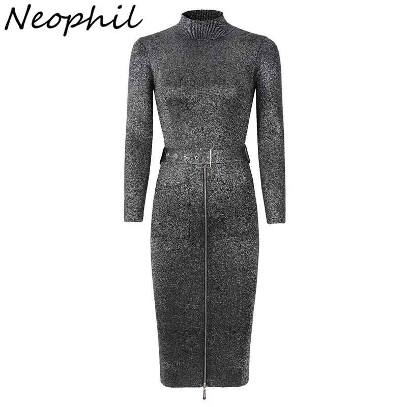 Neophil Винтаж молния пояса трикотажная миди Для женщин платья зимний ...