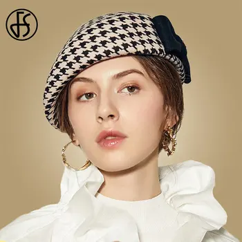 

FS Wool Fedoras Hat Berets Fascinator Pillbox Hats Formal Women Elegant Flat Top Bowknot Winter Gray Camel Church Felt Caps