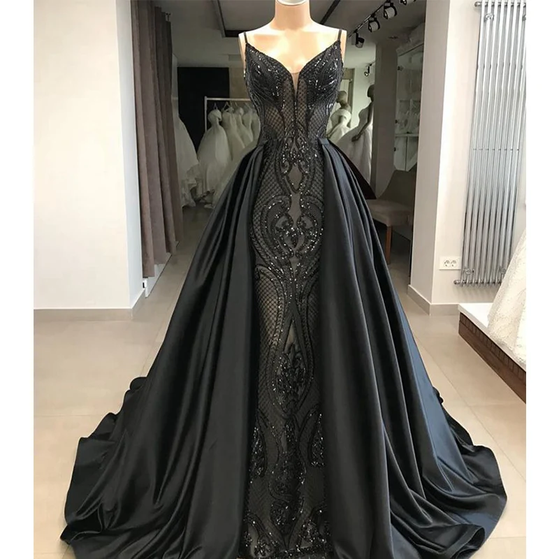 Спагетти ремень v-образным вырезом без рукавов женское вечернее платье трапециевидной формы Отделяемый подол длиной до пола выпускное платье