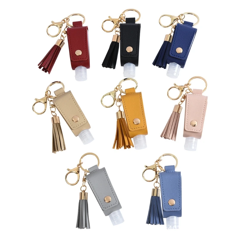 

30ml Portable Empty Leakproof Plastic Travel Bottle for Hand Sanitizer with Tassels Leather Keychain Holder Carriers