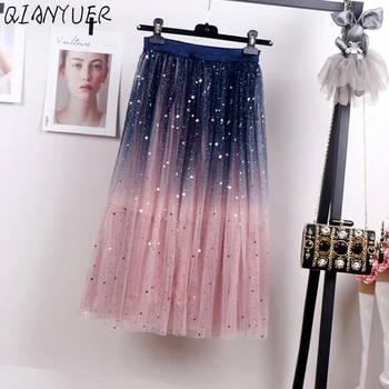 

2020 Gradient Color Summer Tulle Skirt Women High Waist Pleated Long Skirt Female A-line White Pink Tutu Skirt Party Fashion New