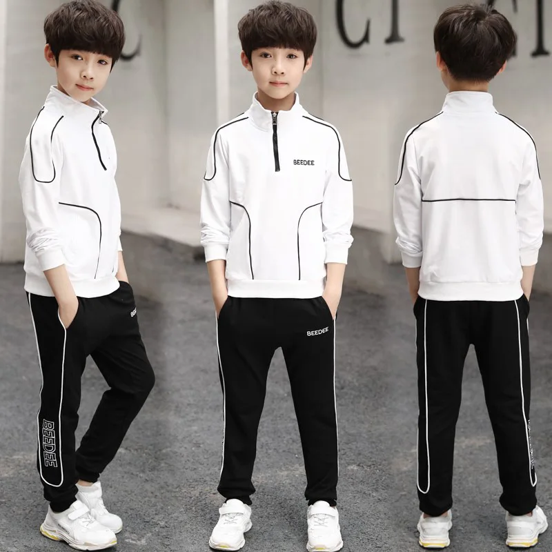 Комплект одежды, одежда для мальчиков, детская спортивная одежда, черно-белый полосатый костюм с воротником-стойкой на весну и осень - Цвет: White