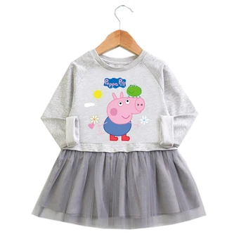 

peppa pig new spring and autumn girls long-sleeved T-shirt + mesh skirt dress George cotton fashion cartoon skirt suit
