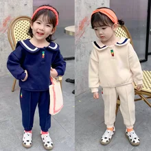Осенние флисовые комплекты одежды с вышивкой с матросским воротником для мальчиков и девочек, детские хлопковые универсальные топы и штаны комплекты из 2 предметов