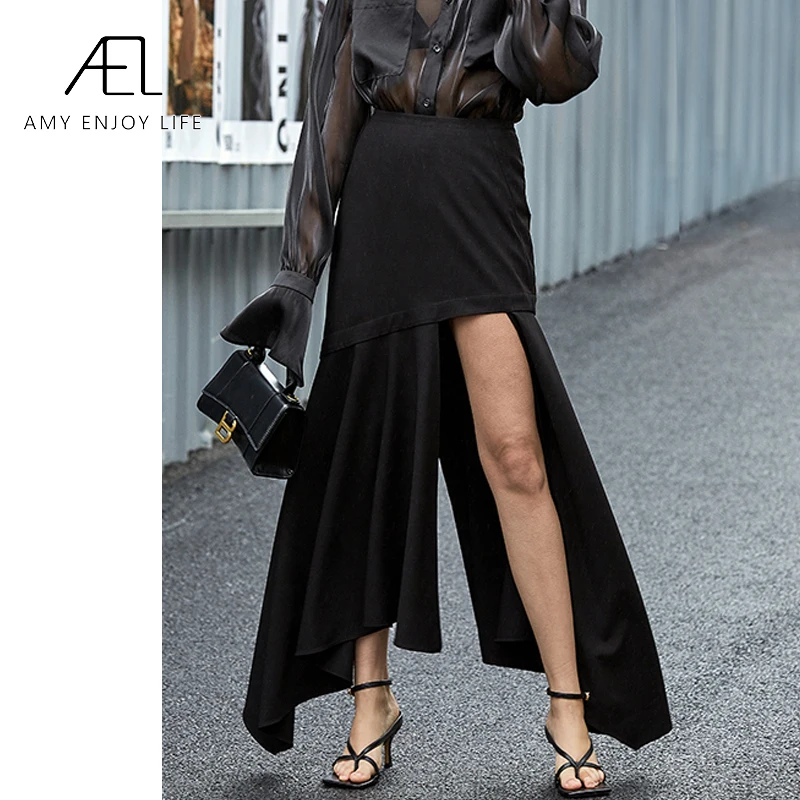 

AEL Asymmetry black long Fishtail skirt women high split sexy Max Slit Skirts ruffle 2020 Summer streetwear fashion
