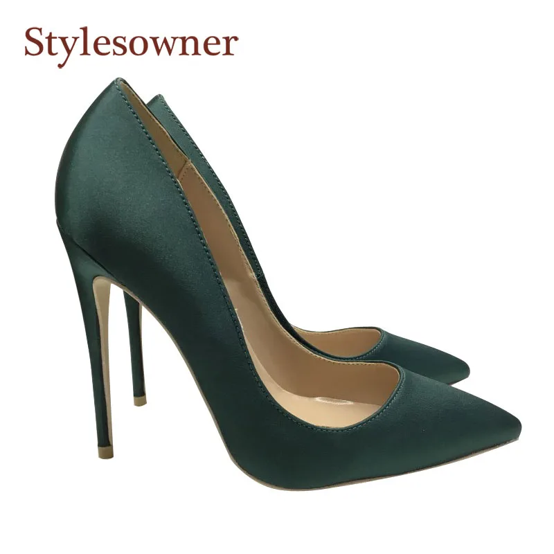 Stylesowner/новые шелковые темно-зеленые женские туфли с острым носком на высоком каблуке 12 см; атласные тонкие туфли на шпильке с закрытым носком; сезон осень