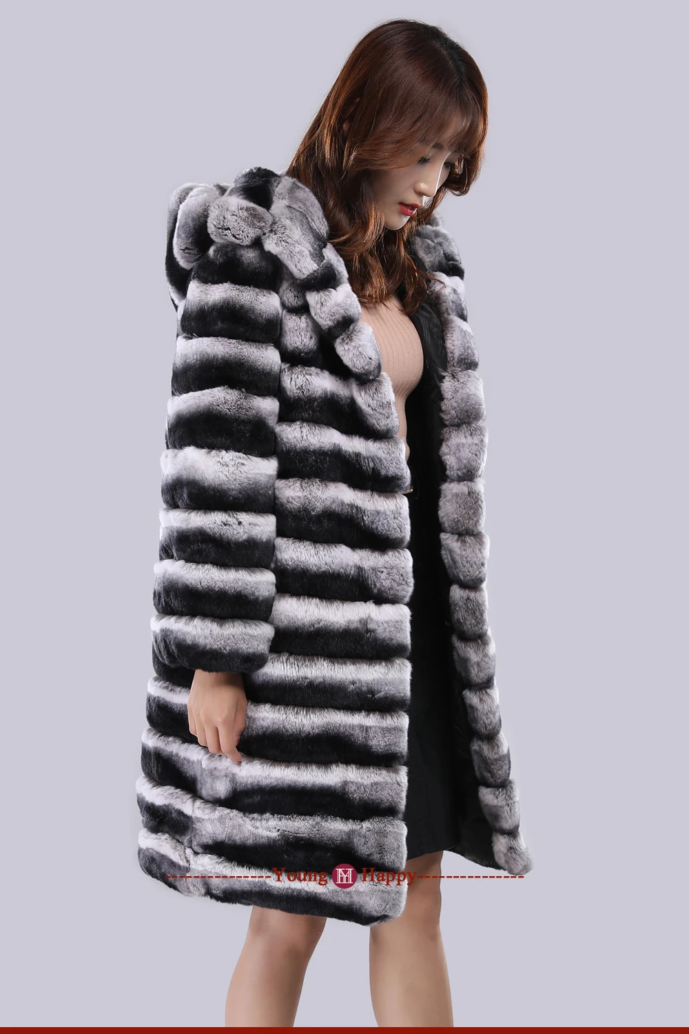 Luxury Brand women real rex rabbit fur coat chinchilla fur overcoat hooded long style striped winter thick fur jacket clothing