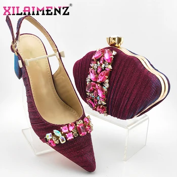 

Comfortable Heels Nigerian Women Shoes and Bag Set in Magenta Color Italian Lady Shoes and Bag with Shinning Crystal for Party
